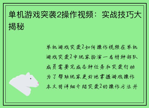单机游戏突袭2操作视频：实战技巧大揭秘