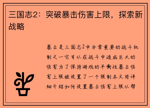 三国志2：突破暴击伤害上限，探索新战略