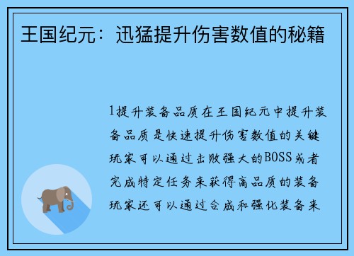 王国纪元：迅猛提升伤害数值的秘籍