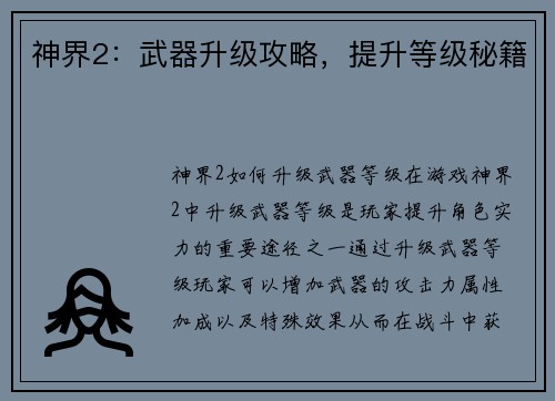 神界2：武器升级攻略，提升等级秘籍